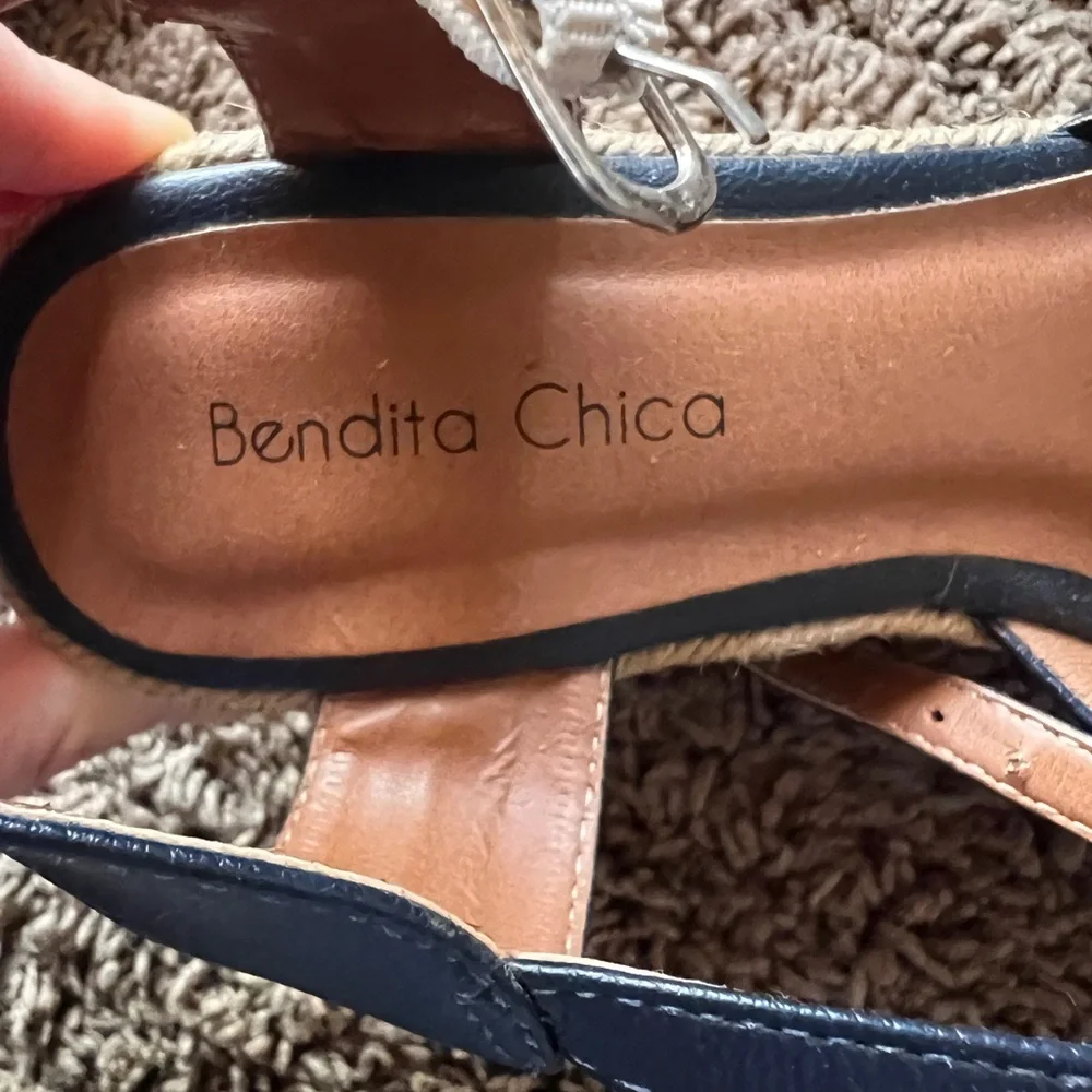 Bruno Magli Navy Leather Espadrille Wedge Sandals